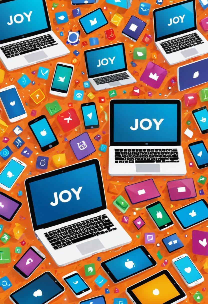 A whimsical scene depicting digital devices like smartphones, tablets, and laptops bursting with colorful icons and symbols representing joy and creativity. Surrounding the devices are playful characters interacting with the technology, symbolizing innovation and happiness. The background features abstract patterns of light and color, suggesting a vibrant digital landscape. Bright and cheerful color palette. super-realistic. vibrant colors.