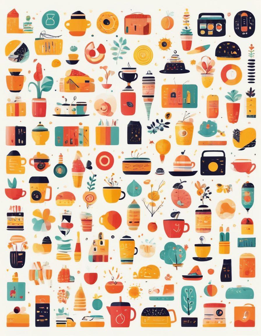 A whimsical collage featuring 69 vibrant icons representing data bits—charts, graphs, and playful characters infused with joy. Include elements of everyday life, such as a family gathering, a coffee shop, and a sunny park, all interconnected by colorful digital streams. The background is bright and inviting, with floating geometric shapes adding a touch of whimsy. vector art. vibrant colors. white background.